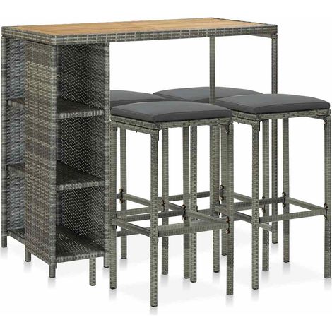 Ensemble Table de bar + 4 Chaises de bar de jardin - Table Haute avec 4 Tabourets et coussins Résine tressée Gris BV938172 - BonneVie (1/5)
