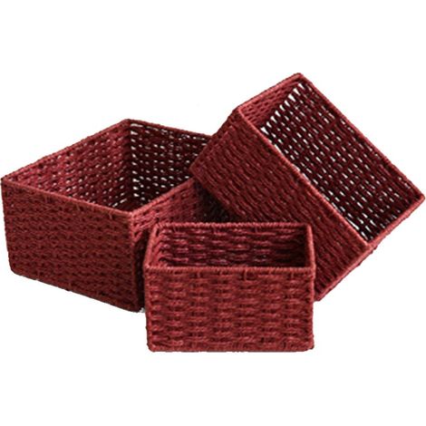Panier en osier pour le rangement, lot de 3 paniers en corde naturelle tissés à la main, boîte de rangement décorative (bordeaux) (1/5)