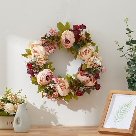 45cm Artificial Peony Mixed Flowers Wreath with Rattan Base