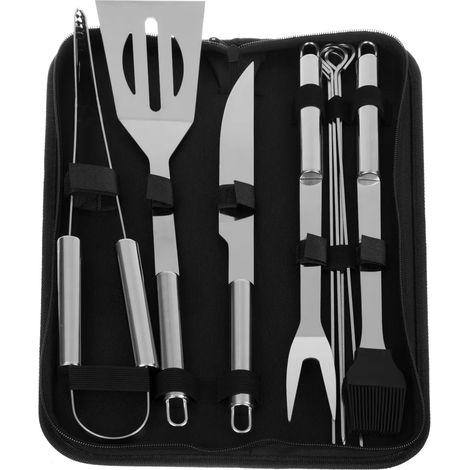Juego de 9 utensilios de acero inoxidable para barbacoa con caja de almacenamiento los accesorios para barbacoa incluyen pinzas para barbacoa, una espátula y un tenedor para carne. (1/5)