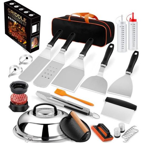 FLITI 27PCS Plancha Spatula Accessories for Men, Teppanyaki Grill Stainless Steel BBQ Utensil Set, Hibachi Smasher Burger Gift Kit with Hamburger Press, Cooking Dome for Blackstone (1/4)