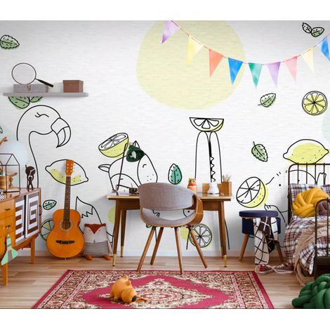 Papier peint Enfant – Animaux dessinés et citrons frais - 150 x 250 cm (1/2)