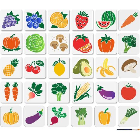 30 pochoir Réutilisable pour Fruits et Légumes Motif Fraise et Orange 15 x 15cm Motif Citrouille et Carotte avec Pinceau pour Travaux Manuels Décoration Murale Fenêtre Bois (1/5)