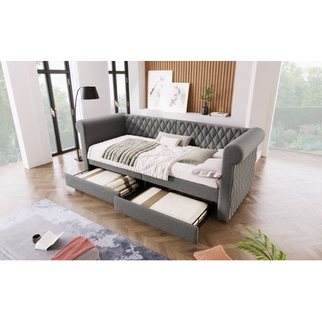 Sofabett 90x200 cm Leinen Grau mit 2 Schubladen für kleine Räume, ohne Matratze – MEUBLIV (1/5)