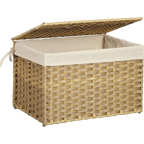 Boîte de rangement rotin bac de rangement panier à linge 60 litres corbeille décorative coffre de rangement avec poignées doublure couvercle pour chambre buanderie couleur boisée (1/4)