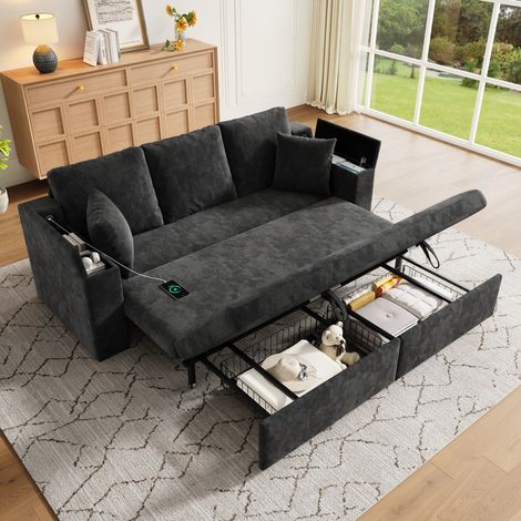 Divano letto 3 posti 3 in 1 con vano contenitore, struttura metallica, ciniglia grigia HAVRYA (1/5)
