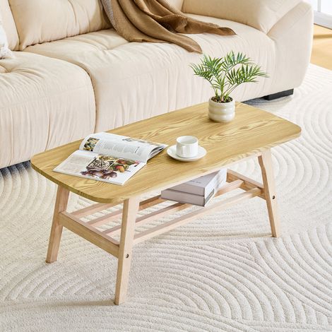 Mesa de centro 100x50x40 cm color madera en madera maciza con almacenamiento de dos niveles (1/5)