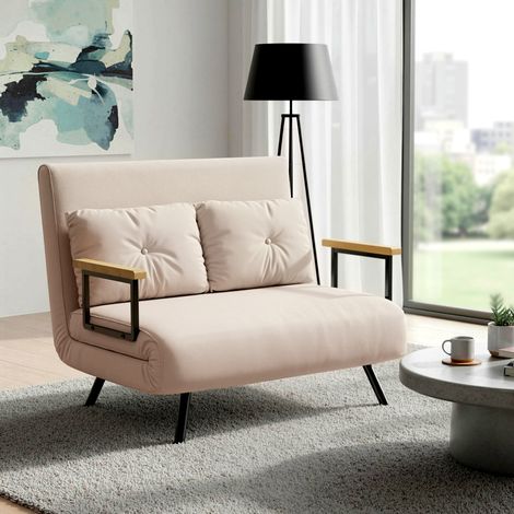 Canapé convertible 2 places dossier 5 niveaux 2 coussins velours beige (1/5)