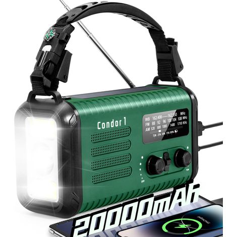 Radio à manivelle d'urgence, 20 000 mAh/74 000 mWh, radio météo solaire à manivelle avec NOAA/AM/FM, radio alimentée par batterie avec chargeur de téléphone portable, lampe de lecture, lampe de poche (1/5)