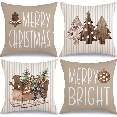 Lot de 4 housses de coussin décoratives en lin tissé mélangé, motif sapin de Noël, traîneau et lettres, pour la décoration de la maison et de la chambre (coussin non inclus). (1/5)