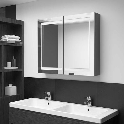 Armoire de salle de bain à miroir LED murale en MDF grise 80 x 12 x 68 cm - PANGIVO (1/5)