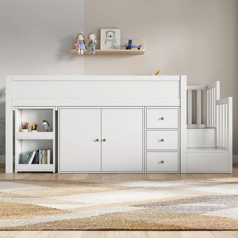 Lit enfant multifonctionnel - GUTENT - 90x200 cm - MDF - Blanc - Avec bureau et tiroirs