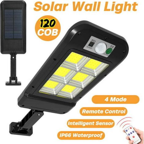 120 COB Solaire Réverbères LED Éclairage Solaire Avec Induction + Télécommande + PIR Motion Senor Étanche IP65 Crépuscule À L'aube Applique Murale Pour Extérieur/Garage/Cour/Jardin (1/5)