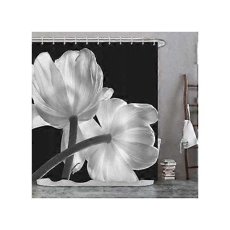 Anti-Schimmel-Duschvorhang Schwarz 180 x 200 cm, Duschvorhang mit weißen Tulpen für Badewanne, maschinenwaschbar, wasserdicht, aus Stoff