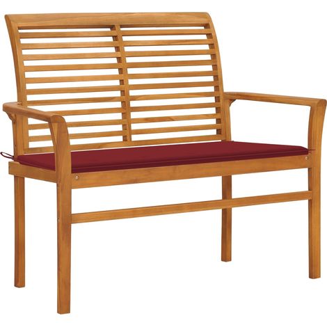 Banc de jardin meuble de patio d'extérieur terrasse avec coussin rouge bordeaux 112 x 55 x 94 cm teck massif