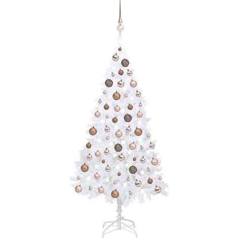 Sapin de Noël artificiel pré-illuminé avec boules décoratives blanches, 120 cm, en PVC. (1/5)
