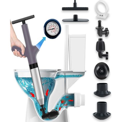Déboucheur Canalisation Haute Pression, Déboucheur Wc Air Comprimé avec 4 Différentes Ventouses, Piston de Toilette pour Déboucher les Toilettes, Baignoire, Drain de sol, Lavabo (gris) (1/5)
