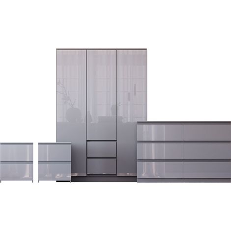 Glinton 4 Piece Bedroom Set (2 Drw Bedside x2, 6 Drw Chest, 3 Dr 2 Drw Wardrobe), Grey (100% FSC) (1/4)