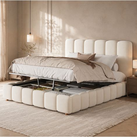 Letto imbottito 140 x 190 cm con contenitore idraulico, rete a doghe e velluto beige OKWISH (1/5)