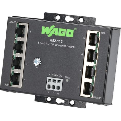 WAGO 852-112 Switch, 8 Port(s), Industrial, Unmanaged Fast Ethernet, DIN Rail, RJ45 x 8 (1/4)