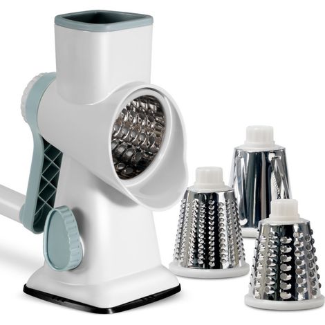 Affettatrice manuale da cucina, tagliaverdure multifunzione con 3 lame a tamburo staccabili, tagliaverdure per patate, aspirazione potente, carote, formaggio, noci, ecc. (bianco)