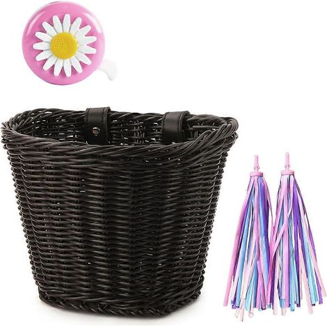 Ensemble de panier avant de vélo en rotin tressé + sonnette + pompon + autocollants, réglable, tissé à la main, accessoires de guidon pour vélo adulte, noir (1/5)