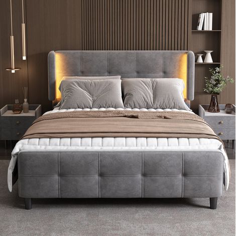 letto matrimoniale 140x200 con LED velluto grigio OKMYHOME (1/5)