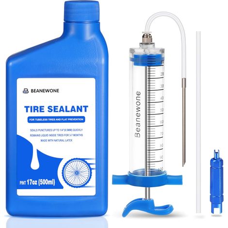 Liquide Préventif Tubeless, 500ml Liquide Anti Crevaison et Seringue Tubeless Velo pour l'Injection Directe de Produits d'Étanchéité Durables dans Les Pneus de VTT et de Vélo de Route (1/5)