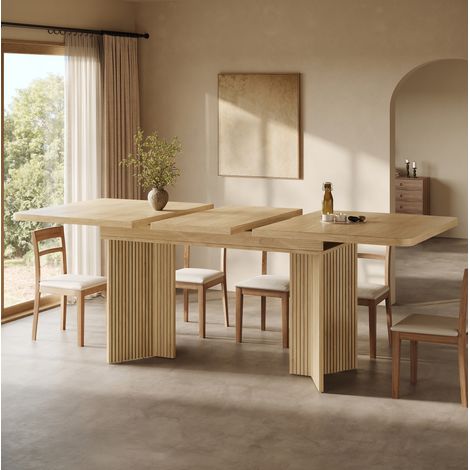Table à manger 120/160x80x76,1 cm en MDF effet bois avec allonge et pieds en V (1/5)
