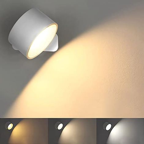 Spots Muraux Rechargeable,Applique Murale Intérieure à LED à Commande Tactile,3 Niveaux de Luminosité 3 Températures de Couleur,Rotation à 360° Lampe de Chevet pour Chambre à Coucher(Blanc) (1/5)