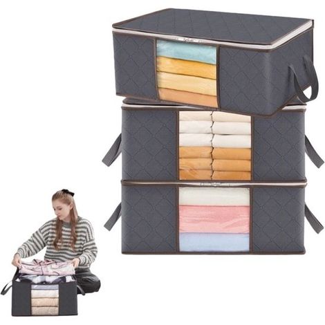 Paquete de 3 cajas plegables grises de 35 litros (500 × 350 × 200 mm) con tapa para mudanzas y almacenamiento debajo de la cama. (1/5)