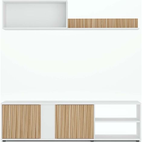 Ensemble de salon (meuble TV, 1 meubles haut, étagère murale) Meuble séjour coloris Blanc/chêne (1/5)