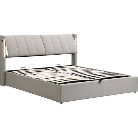 Cama canapé LED 180 x 200 cm en PU gris con USB, cabecero ajustable, somier, MODENUIT (1/5)