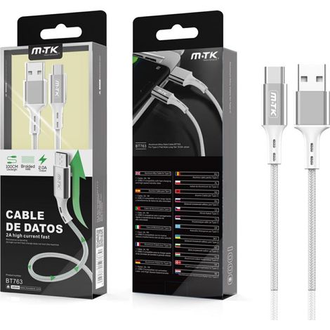 Cable datos USB 2.0 a Type-C / 1m / 2.4a / Aluminio / Trenzado / Bt763 / Plata / MTK