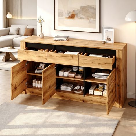 Buffet 135 x 35 x 70 cm en panneaux de particules, 3 tiroirs, finition naturel (1/5)