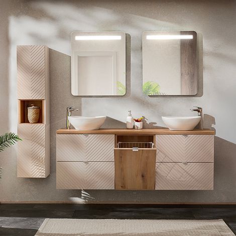 Conjunto de muebles con doble lavabo 160cm cesto de ropa espejos LED y columna Manoa Cachemira y madera (1/4)