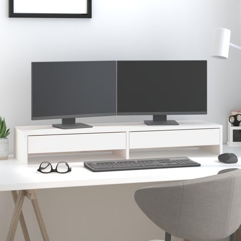 Support de moniteur - Réhausseur d'écran Blanc 100x27x15 cm Bois de pin solide BV605835 - BonneVie (1/5)