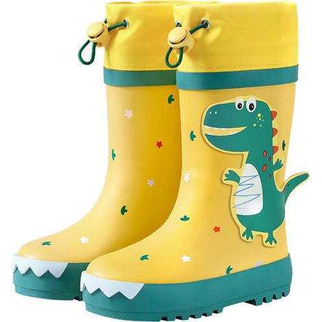 Bottes de pluie enfants antidérapantes dinosaure caoutchouc imperméable chaussures hautes garçons filles jaune vert taille 24 (1/5)