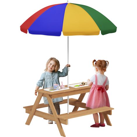 Kids Picnic Table, Sand and Water Table with Wooden Benches, Adjustable Parasol and Storage Bins, Multicolour (1/5)