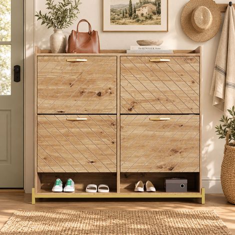Meuble à chaussures 4 portes abattantes 108,5x24x100 cm en MDF effet bois, poignées dorées, pieds métal, meuble d'entrée gain de place (1/5)
