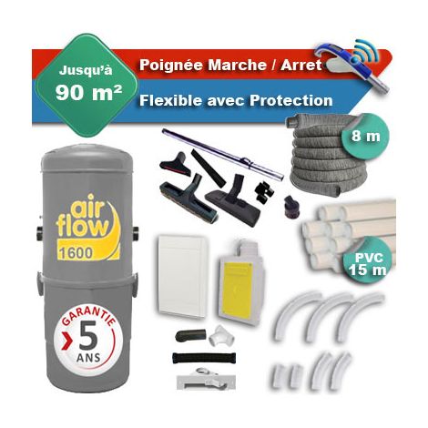 Aspirateur central AIRFLOW 1600 garantie 5 ans + flexible rétractable 8 m avec housse de protection + poignée marche/arrêt + 7 accessoires + kit 1 prise RETRAFLEX + kit prise balai (rayon d'action 90