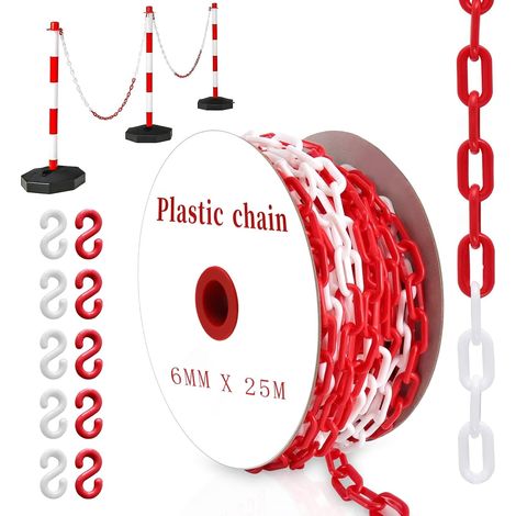 25m Barrière à Chaînes en Plastique Chaîne de Signalisation en Plastique Rouge et Blanc Avec 10 Mousquetons pour Avertissement Espace de Stationnement de Sécurité (1/5)