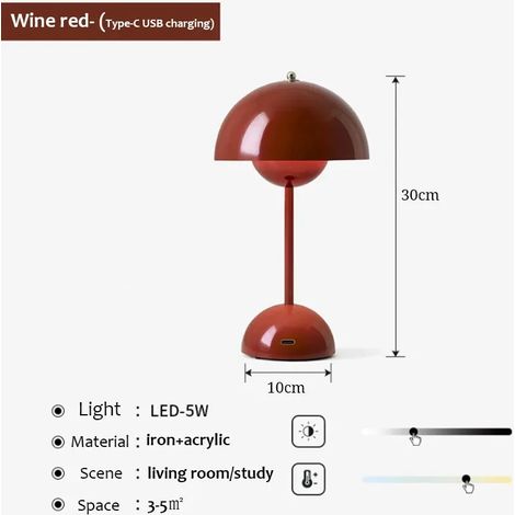 (Rouge) Lampe de bureau rechargeable USB en forme de champignon, trois niveaux de gradation, veilleuse décorative pour la maison.