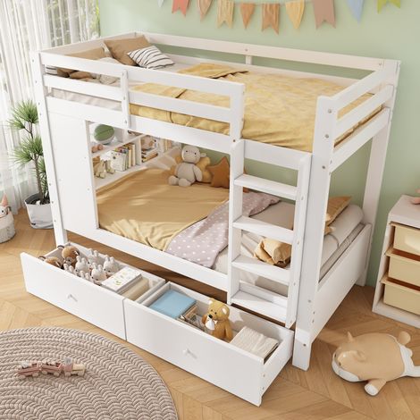 Litera infantil 90x200 cm con 2 cajones, estante abierto y escalera, estructura de madera - blanco (1/5)