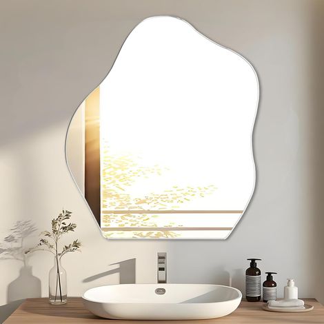 Miroir Mural Asymétrique Miroir Adhesif Mural Verre Trempé Grand Miroirs Salle de Bain, Miroirs Décoratifs Irrégulière Organique pour Chambre Porte Salon Entree (47.7 x 38cm) (1/5)