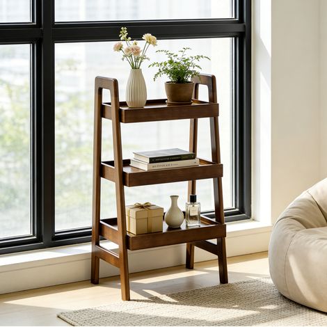 Estantería de madera de tres niveles con estructura tipo escalera y espacio de almacenamiento abierto, mueble compacto para salón, dormitorio u oficina - nogal (1/5)