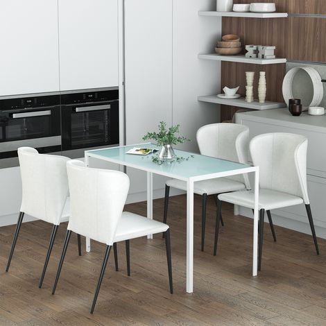 Table à manger pour 4 personnes. table de cuisine avec plateau en verre trempé et pieds en métal. 120x60x75cm. blanc