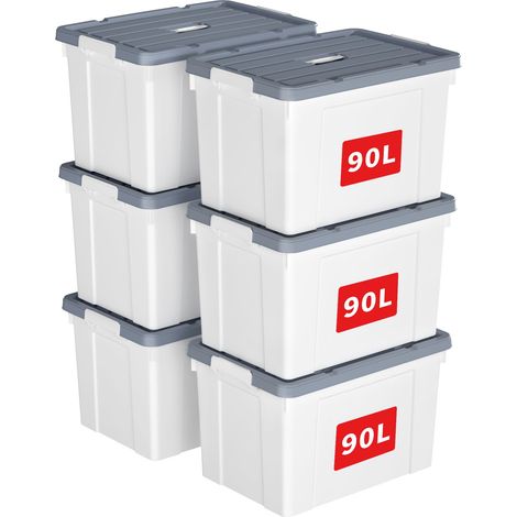 Boîte de Rangement, Bac de rangement avec Poignée, Plastique Organisateur avec Couvercle, Empilable, Transportable, pour Vêtements, Bureau, Chambre, Dortoirs, Blanc, 90L - Lot de 6 (1/5)