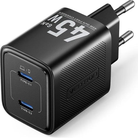 Cargador de Pared GaN Vention TZ-FCFB0-EU/ 2xUSB Tipo-C + Cable USB Tipo-C/ 45W
