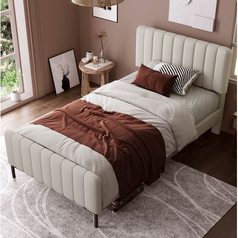 Cama individual 90x200 cm de madera gris beige, ajustable, sin colchón FloraGrace (1/5)